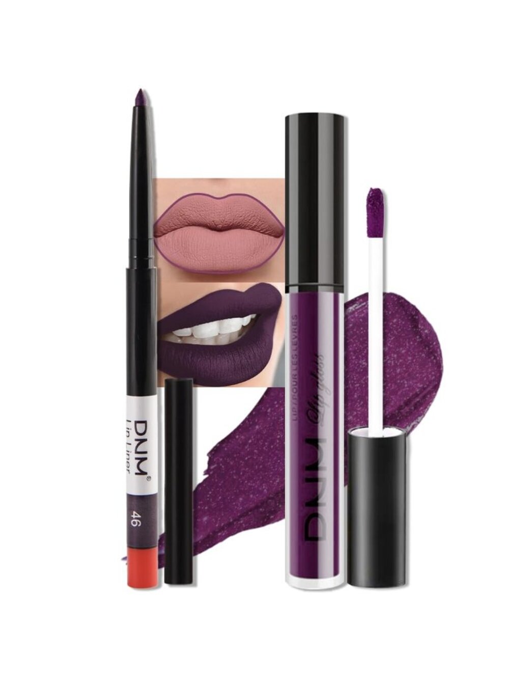 DNM 46# Dark Purple 2Pcs 24H Long-Lasting Matte Liquid Lipstick and Lip Liner
